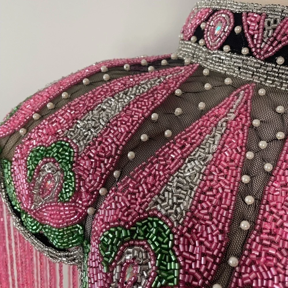 Pink Green and Pearls Hand beaded fringe Cape - Picture 5 of 7